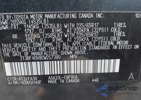 2012 Toyota Rav4 z USA, uszkodzony, nr VIN 2T3BF4DV8CW257380